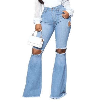 China 2021 Autumn QUICK DRY casual women's clothing denim high waist ripped long skinny jeans plus size Bell-bottom pants for sale