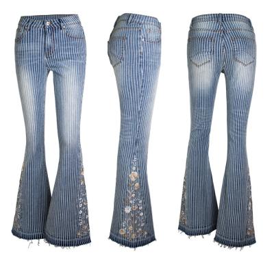 China 3D Embroidery Stereoscopic Women's Heavy Industry Women's Jeans Jeans Breathable Pants Striped Flare Pants for sale