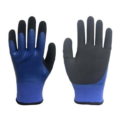 China Anti-Slip Waterproof Double Rubber Coated Full Black Latex Dip Winter Fleece Lined Outdoor Working Gloves for sale