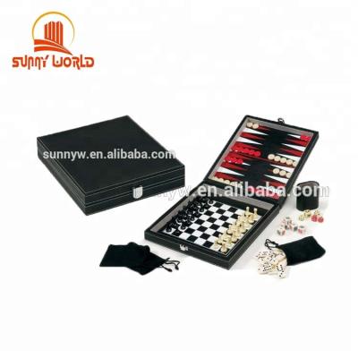 China PU Leather Backgammon Chess Controller Chips Set 5-in-1 Board Game Wood Custom Leather Set for sale