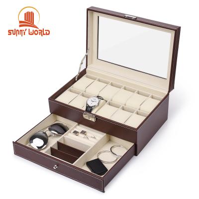 China Custom 12 Slots PU Watch Case CNC Handmade Watch Box With Lid Watch Box With Drawer for sale