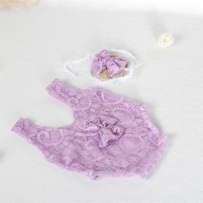 China Polyester/Cotton PWPROPS Purple Newborn Girl Romper Headband Set Photo Prop Baby Lace Sown Outfit for sale