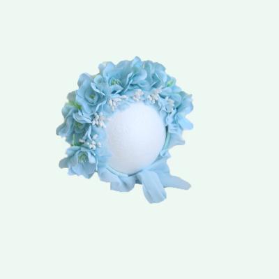 China Plush Hood Photography Newborn Floral Props Knit Baby Flower Hat Vintage Girl Hat Photo Props for sale