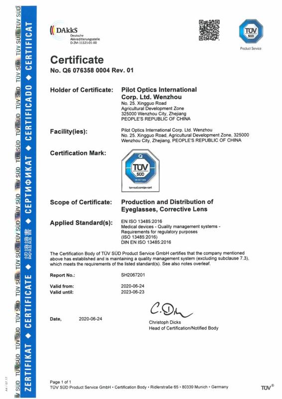 ISO13485:2016 - Pilot Optics International Corp., Ltd. Wenzhou