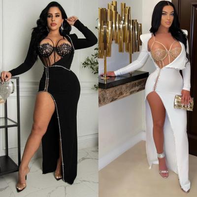 China Anti Wrinkle 2022 New Designs Bodycon Long Sleeve Dress Open Breasted Hollow Out Sexy High Leg Cut Out Club Split Dresses With Lingerie Jumpsuits for sale