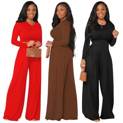 China Anti-wrinkle wide leg pants and skinny long sleeve tops matching two piece sets salon wear fashion pants set women for sale