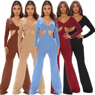 China QUICK DRY Sexy V-Neck Cutout Long Sleeve Overalls Autumn Streetwear One Piece Overalls With Long Pants for sale