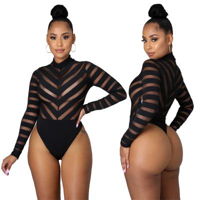 China 2021 Skinny Striped Hollow-out Bodysuit Women Club Sheer QUICK DRY Mesh Pathcwork Black Womens Bodysuit Streetwear Long for sale