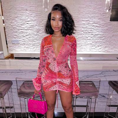 China Anti-Wrinkle Pink Bandana Mesh Bodyocn Dress Club Wear Women Flare Long Sleeve Deep V-Neckline Drawstring Ruched Mini Dress for sale