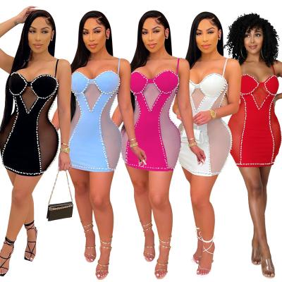 China Fashion Mesh Ruched Mini Dress Sleeveless Pearl Patchwork Anti-wrinkle Dress 2021 Summer See Through Sexy Backless Dresses Party Club Dress for sale