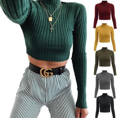 China 2021 New Year Anti-Wrinkle Lounge Wear Sexy Turtle Neck Sweaters Cropped Tops Women Ribbed Lady Solid Sweaters Knitted Pullovers Short Jummers for sale