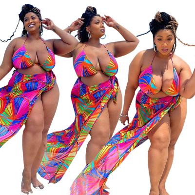 China Breathable High Waist 3 Piece Set Women Leaf Print Plus Size Swimsuit Bikinis Sets Sexy Bathing Suit Cover Up Swimsuit for sale