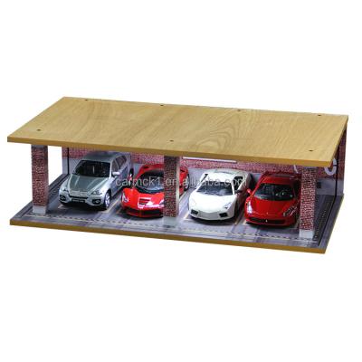 China Wood 1/24 Scale Simulation Car Garage Model Solid Wood 4 Parking Model Scene Acrylic Display Box With Light Decoration for sale