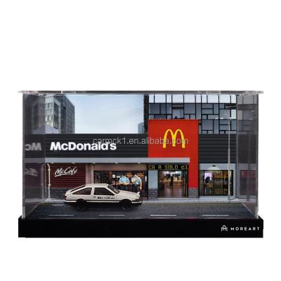 China Wood 1/64 Diecast Model Car Diorama LED Lighting Garage Sports Car Display Diecast McDonald's Model diorama for sale