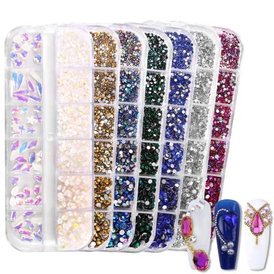 China Luxury Box of 12 Grids Fancy New Arrival Flatback Set Flat Back Glass Nail Art Rhinestone For Nail Decoration Multi-shape Fake Nail Stones for sale