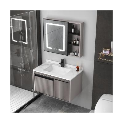 China Luxury Bathroom Mirror Cabinet Combination Stainless Steel Hand Wash Toiletries Cabinet Light Khaki Modern Toilet for sale