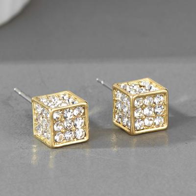 China CLASSIC Glitter Micro Crystal Cube Stud Earrings Gold Plated Rhinestone Bling Pave Diamond Cube Earring for sale