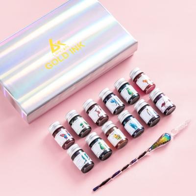 China Office Ink Glass Fairy Colored Crystal Dipping Pen Ink Set Sky Pen Gold Starry Powder Lettering Color Ink Gift Box For Students for sale