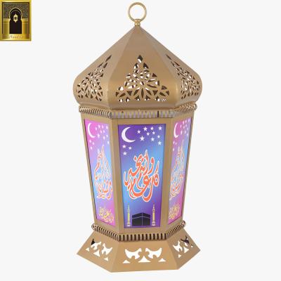 China Restaurant Luxury Desgin Painted Gold Decorative Glass Stand Up Mosaic Islamic Candle Holder Ramadan Lantern for sale