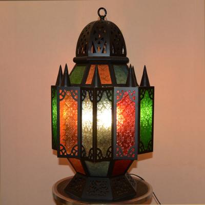 China Restaurant Custom Printed Retro Iron Antique Glass Mosque Art Islamic Mosaic Lamp Candle Holder Ramadan Metal Lantern for sale