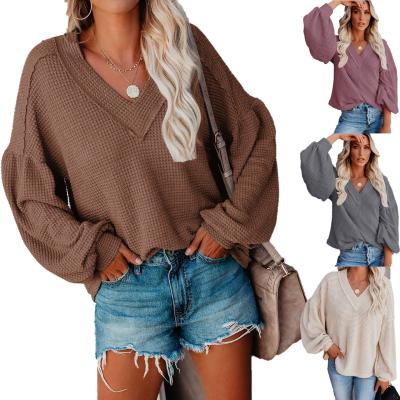 China Long Lantern V-Neck Sleeve Anti-Shrink V-Neck Blouse Women's Fashion OEM Loose Women's Elegant Tops Knit Top for sale