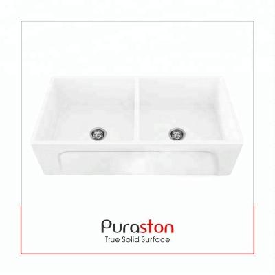 China Without Faucet Puraston Double Bowl Drainer Apron Front Resin Solid Stone Outdoor Stone Ceramic Farmhouse Kitchen Sinks for sale