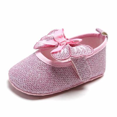 China Saprkly Cute Round Butterfly Flats Soft Infant Girls First Walking Crib Pram Shoes Newborn Girl Baby Dress Up Shoes for sale