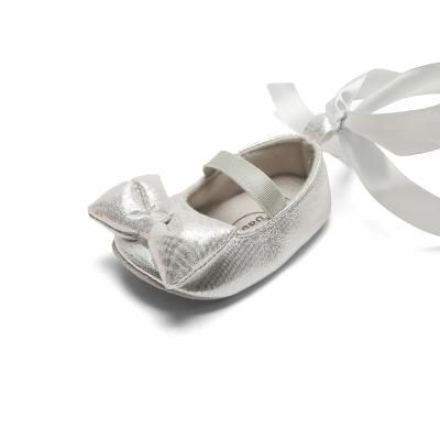 China Adjustable Silver Logo Printed Toddlers Infant Flats Round Tie Bow Party Wedding Shoes On Cute Babies Shoes For 1 Year Old Baby for sale