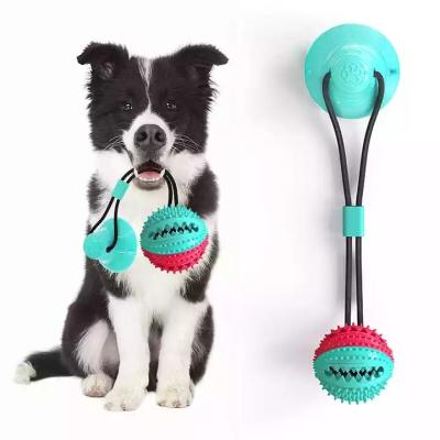 China Suction Cup Food Dispensing Viable Puppy Teeth Cleaning Rope Ball Pet Molar Squeaky Interactive Chew Tug Toy with Built-in Bell for sale