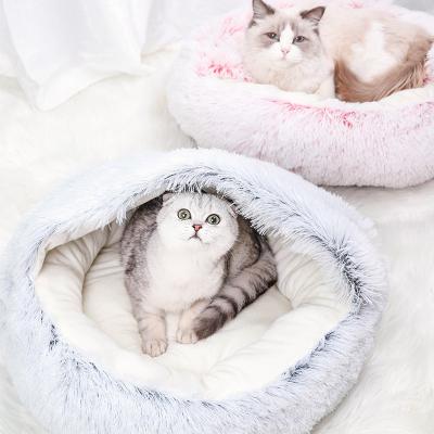 China Stocked Dropshipping Custom Heated Round Cave Sofa Fluffy Soft Cat Bed Shell Pet Bed Washable Luxury Long Plush Large Small for sale