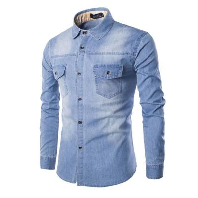 China Stylish Fit Lapel Anti-pilling Dress Shirt Long Sleeve Formal Slim Dark Blue Casual Jeans For Men for sale