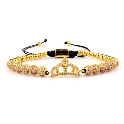 China Wholesale High Quality DAICY Hiphop DAICY Jewelry Gold Rope Adjustable Hip Hop Micro Pave CZ Mens Gold King Queen Crown Bracelet for sale