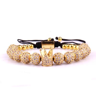 China Hot Selling Custom Hiphop DAICY Jewelry Adjustable Gold Plated Logo Custom Micro Pave 8mm CZ Pearl Crown Bracelet for sale