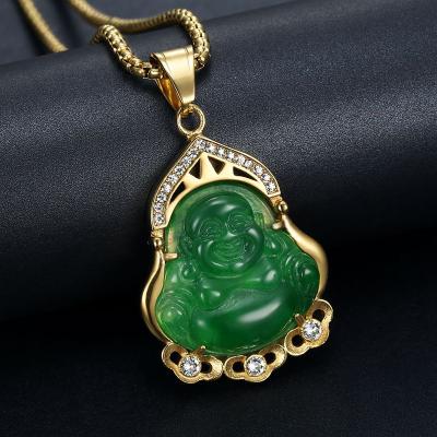 China DAICY Mens Hiphop High Quality Stainless Steel 18k Gold Plated Green Buddha Necklace Jade Pendant Jewelry for sale