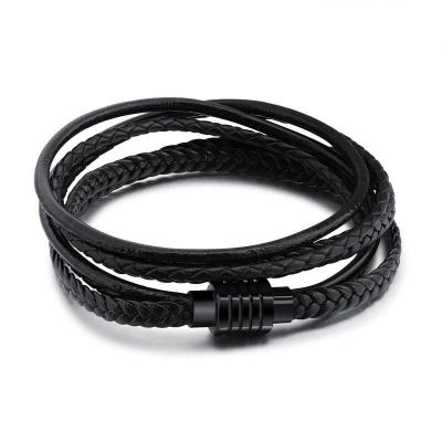 China DAICY Punk Fashion Men Stainless Steel Punk Black Leather Woven Bracelet New for sale