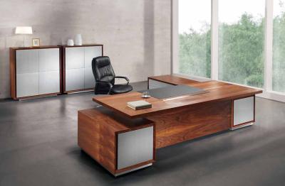 China Office L Shaped Elegant Solid  Walnut Corner Desk  With Long Cabinet for sale