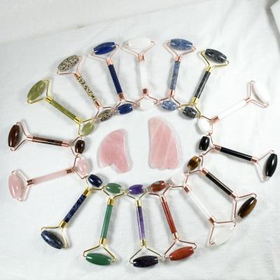 China Skin Tightening Pink Rose Quartz Stone Crystal Jade Facial Massage Roller Gua Sha Set Jade Roller For Face for sale