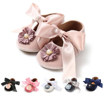 China New style rubber soft sole Lace silk Bowknot flower button princess dress girl baby shoes for sale