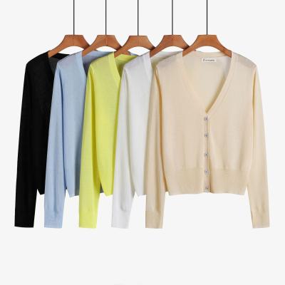 China Wholesale Thin Ice Silk V-Neck Knitted Women's Sweater Long Sleeve Cardigan Anti-wrinkle Summer Coat for sale