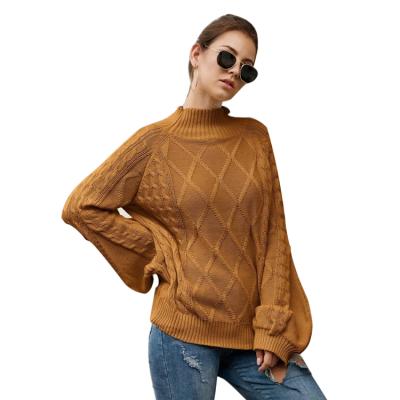 China Anti-Wrinkle Cable Knit Brown Bishop Sleeve Sweater Turtle Neck Sweaters Luxury Knitwear for sale