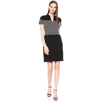 China 2020 Newest Anti-wrinkle Midi V-Neckline Striped Casual Fashion Women Black Sweater Dress for sale