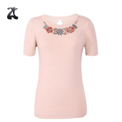 China Summer Ladies Anti-pilling Round Neck Short Sleeve Beading Pullover Knit Sweater for sale