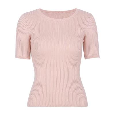 China Anti-wrinkle spring summer knit pullover sweater plain knit short sleeve scoop neck sweater for women for sale