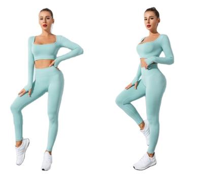 China Logo Activewear Gym Fitness Sets Custom QUICK DRY 2 Piece Seamless Long Sleeve Sports Bra Top Workout Crack! crack! butt leggings set for women for sale