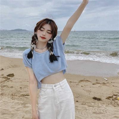 China 2022 Summer New Basic Breathable Coat Korean Version Short Sleeved Women's Machine Careful Exposed Insti Short Navel Thin Girls Top for sale