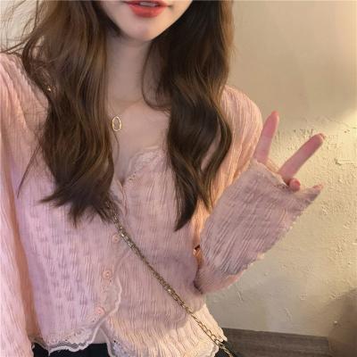 China Sheer warm blouse lace girl summer shirt femininity V-neck long sleeve cardigan pink sunproof short breathable summer for sale