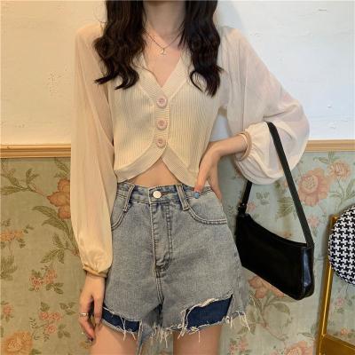 China 2022 Summer New Long Sleeve Sweater Women V-Neck V-Neck Cardigan Vest Chiffon Thin White Soft Breathable for sale