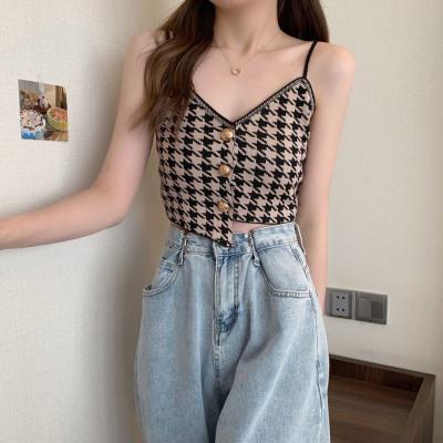 China Breathable Retro Houndstooth Knit New Design Camisole Women's Short Jacket Sense Niche In Summer 2022 for sale