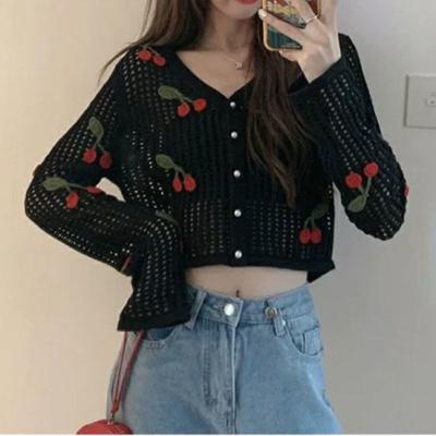 China Hollow Out Breathable Soft V-Neck Long Sleeved Knitted Cardigan Women'S Autumn Slim Age Fit Reducing Short Coat 2022 New INS Top for sale