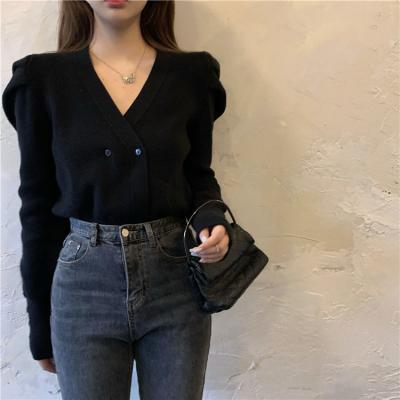 China Blue Breathable Temperament Bubble Sleeve Sweater Women Slim Knitted Stimulating V-Neck Sleeve Spring And Autumn New Versatile Slim Cardigan Long for sale